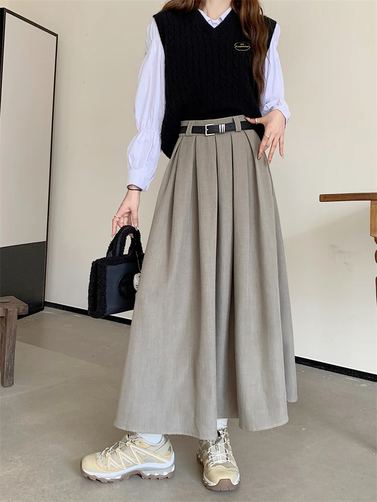 2026 New Korean Skirt Women Solid Color Versatile Mid-length Pleated Skirt Large Swing Type Skirt Female Long Skirts for Women