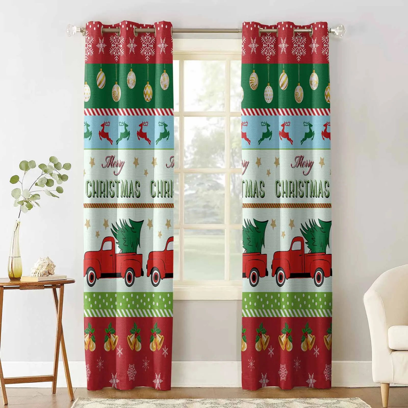 Car Christmas Deer Letter Snowflake Stripe Curtains For Living Room Kids Bedroom Window Curtain Balcony Hall Drape Long Cortinas