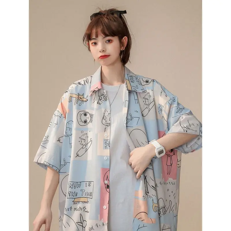 

Рубашка с короткими рукавами в стиле Харадзюку, студентка, летняя серия Salt, свободная нишевая блузка, модный топ с пятипятыми рукавами