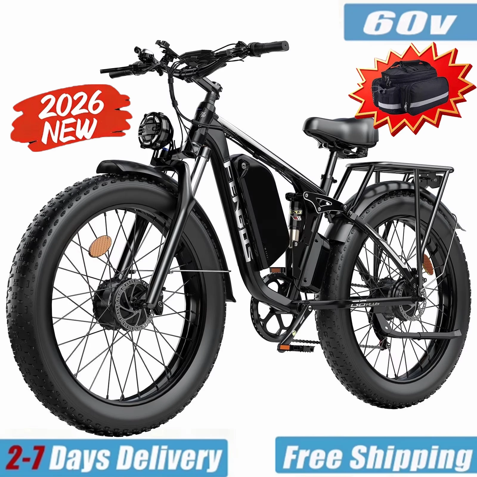 FENGQS Q8PLUS Electric Bike 6000W 5000W Dual Motor for Adults, 26"x4" Fat Tire, 52V/23Ah Battery, 45mph Top 80-100 Miles Range, Full Suspension, UL 2849 image 2
