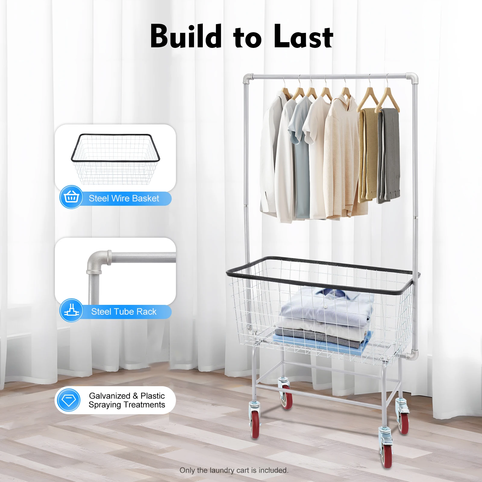 Removable Laundry Cart， Heavy Duty Steel Laundry Cart Commercial Rolling Cart，with Basket，Double Pole Rack