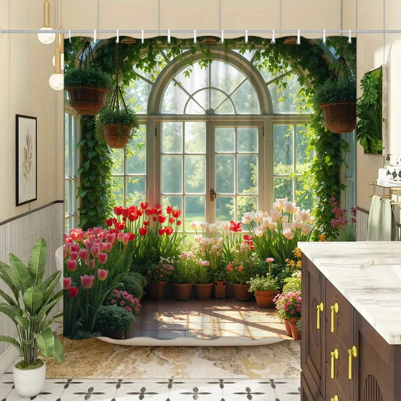 1pc Shower Curtain - Elegant Garden with Arch Window and Blooming Flowers, Perfect for Bathroom Decoration, Bringing