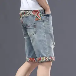 Calção jeans de cinco pontos com elástico masculino, bordado, magro, reto, casual, versão coreana, verão, 2024