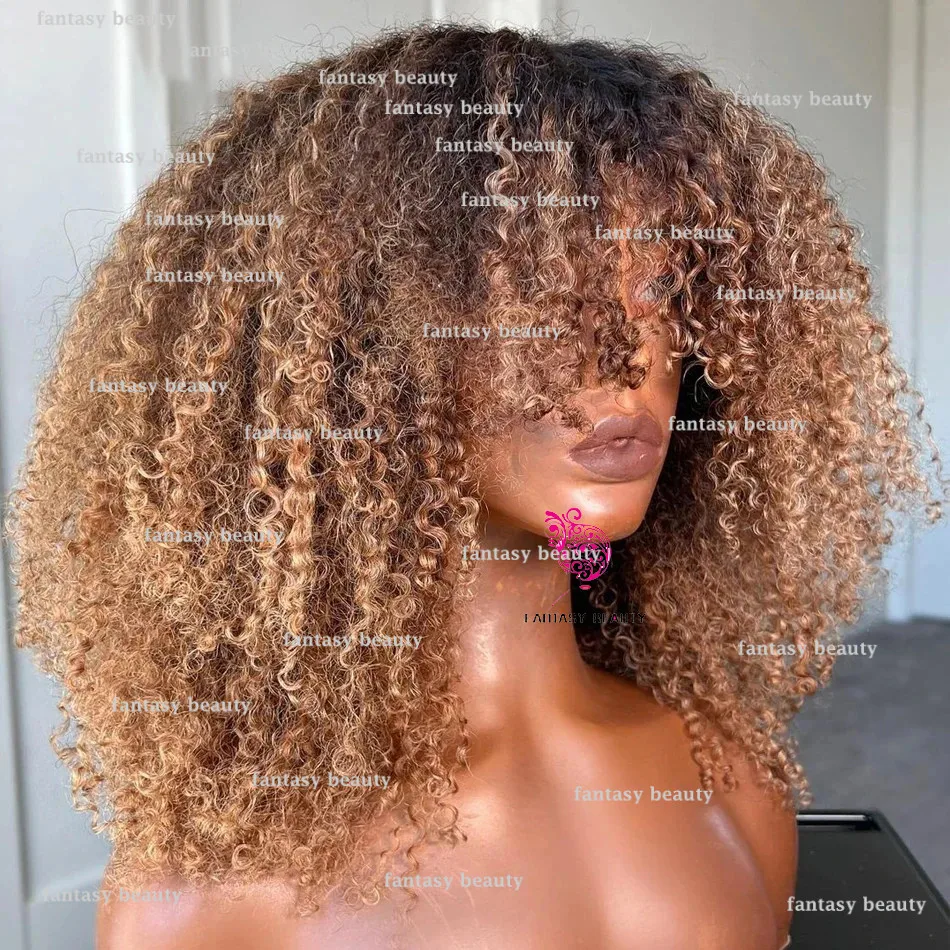 Ombre Honey Blonde Wig with Bangs with Clip for Black Women Remy Martin 100%Human hair 200 density Brown Curly 13 x 6 front lace