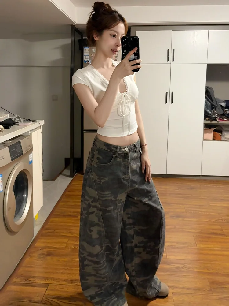 

High Waist Wide Leg Casual Camouflage Denim Pants Women's Summer New Style Loose Fit Floor Length Trousers plus Size