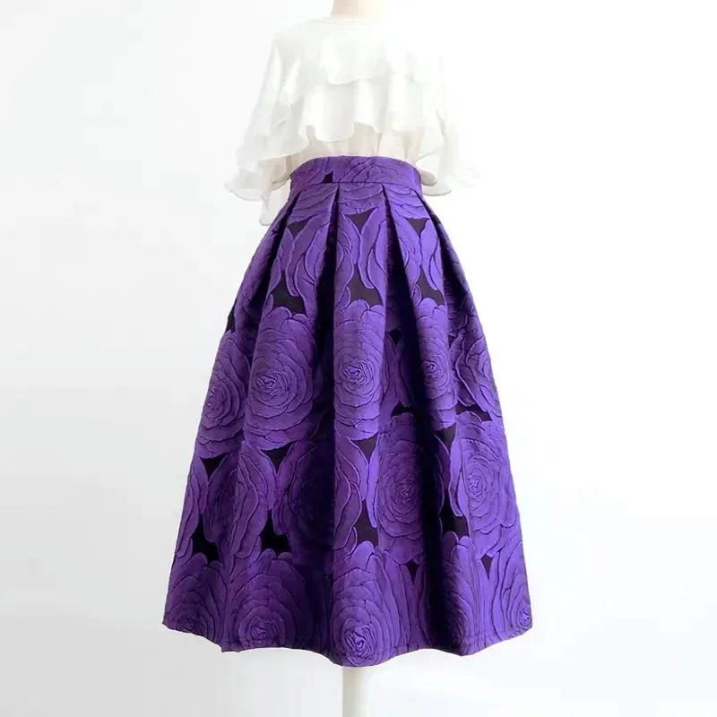 Rose Purple Floral Elegant Chic High Waist Ball Gown Loose Women's Skirt Knee-Length Long Skirts For Women Clothing Fashion 2025