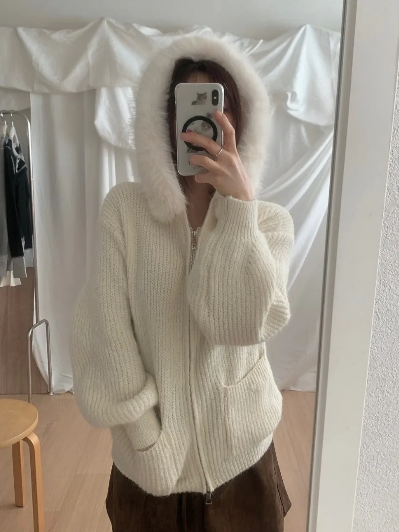 

Loose Fit Korean Sle Women's Knitted Hat Sweater Coat with Fur Collar Zipper Thiened Autumn Winter Outerwear