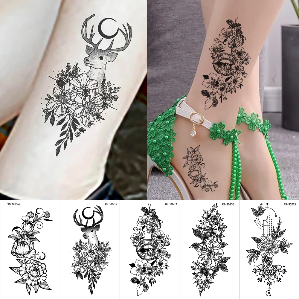 35 قطعة الفاوانيا الوردية المؤقتة الوشم الغزلان الهلال الأزهار هيئة الفن ملصقات مقاومة للماء دائم الذراع الساق اليد الرقبة الوشم *