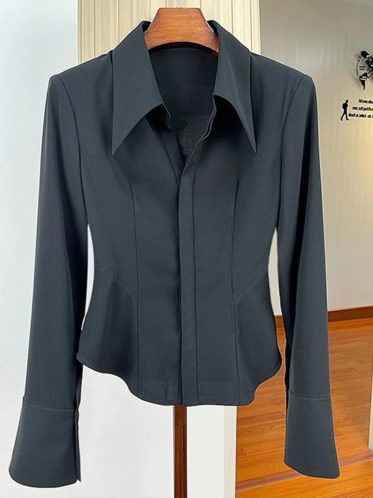 Dragon Fruit Colored Short Shirt Women's Business Casual Style Slim Fit Top Korean Version Long Sleeve Pure Color  Collar view 2
