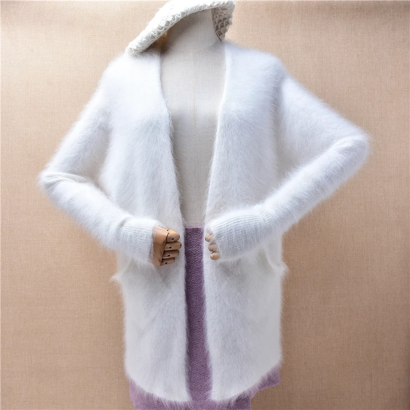 

Women Mujer Autumn Winter Fashion White Hairy Angora Rabbit Hair Knitted Long Sleeves Loose Cardigans Mantle Sweater Jacket Coat