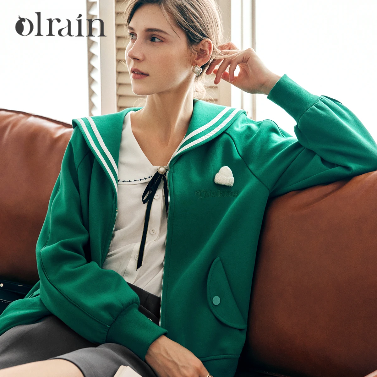 OLrain French Zipper Jacket Women's Embroidered Sweatshirt 2026 Autumn New Preppy Style Sailor Neck Woman Outerwear O22QW63329