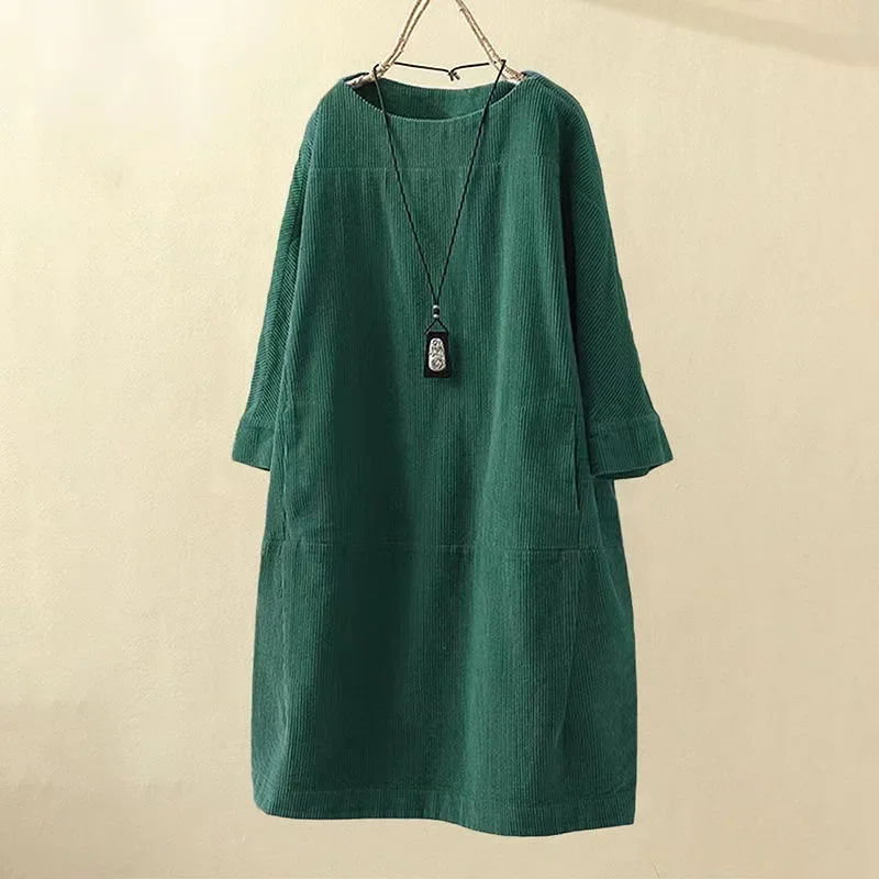 

Corduroy Vintage Midi Dress Loose Soild Round Neck Long Sleeve Casual Dresses for Women Clothing Streetwear Winter Female Robe