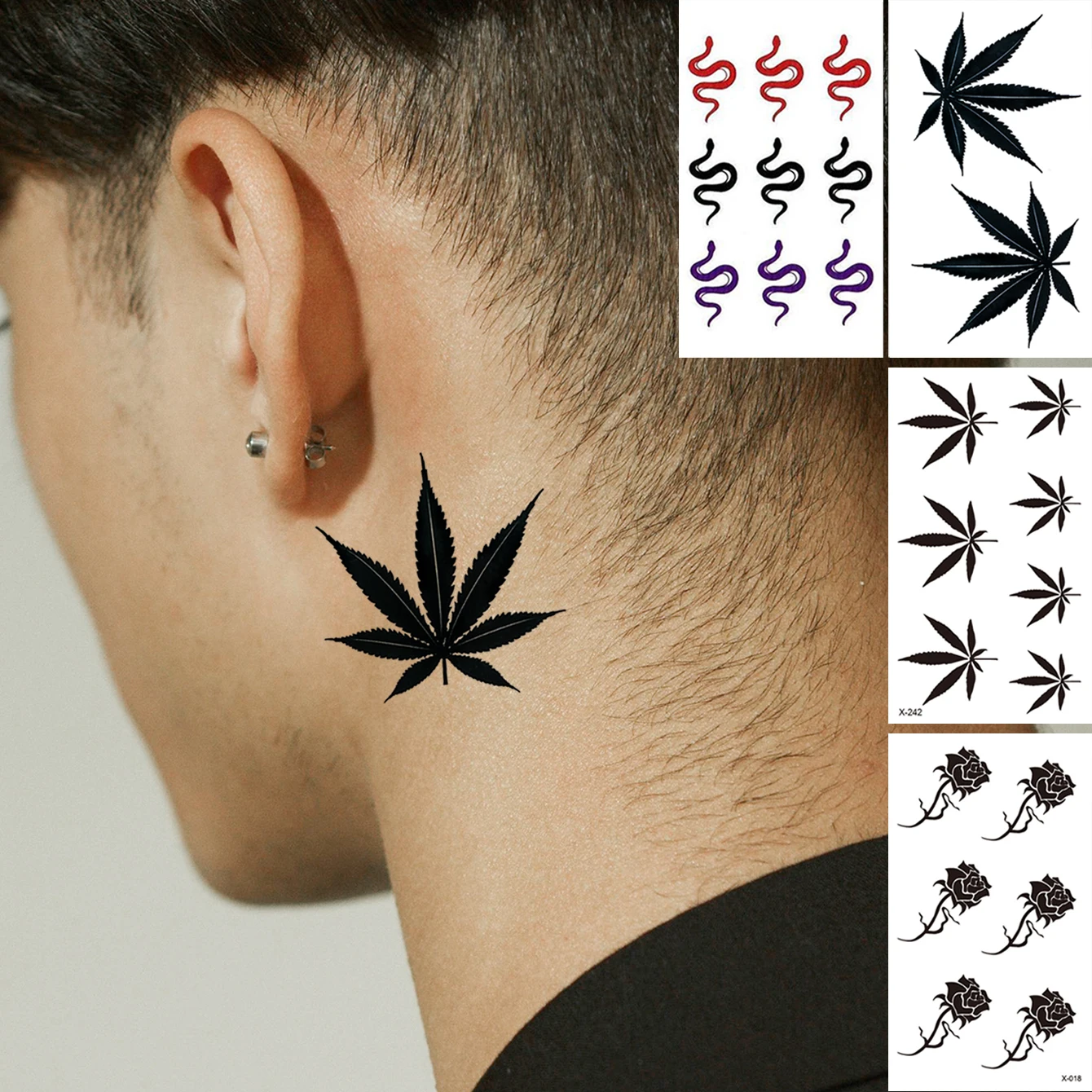 4pcs Waterproof Temporary Tattoo Sticker Leaf Rose Snake Fake Tatto Flash Tatoo Finger behind ear Tato for Girl Women Men