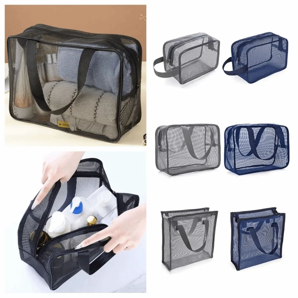 Portable Grey Blue Mesh Shower Bag Mesh Quick Dry Handhold Storage Bag Beach Foldable Gym Tote Bag Bathroom Shower Organizer