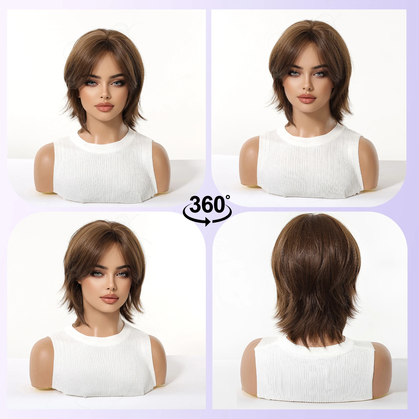 LOUIS FERRE Short Shaggy Wolf Wig Brown Synthetic Hair Wig Side Bangs Heat Resistant Daily Wear Office Party Cosplay Halloween
