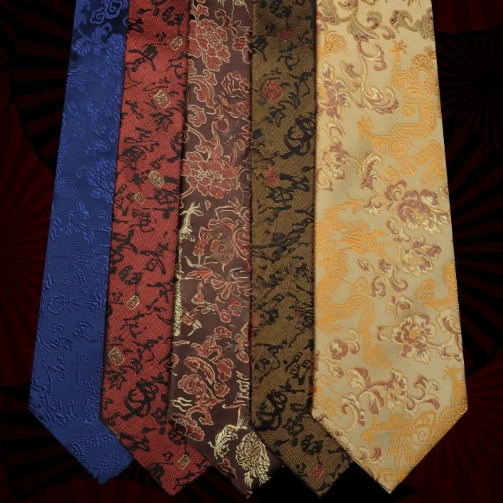 Calligraphy Chinese Dragon Pattern Tie National Soft Jacquard Silk Tie Adjustable Hand Tied Men Necktie Suit Accessories