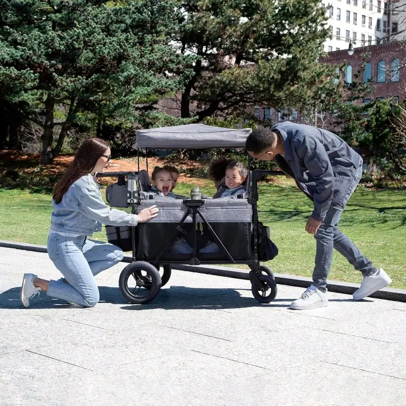 

NEW Premium Quad Stroller Wagon for 4 Kids with Removable Canopy & Flat Fold,Adjustable Push/Pull Handles,Convertible Seats-Grey