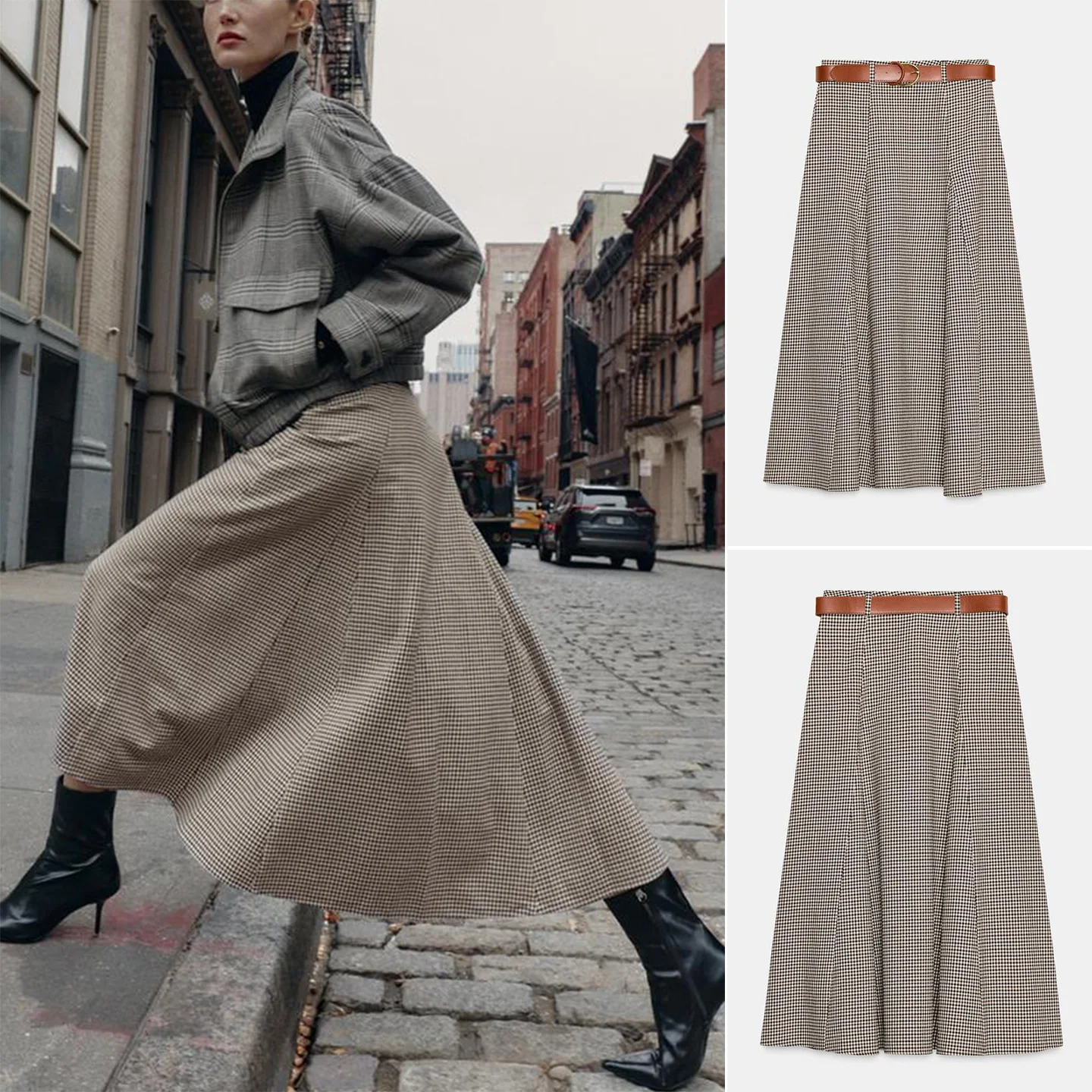 

Winter New High Waist A-Line Midi Skirt with Belt Cheered Pattern Women's Faion Ci Commute Polyester Fiber Slim Fit