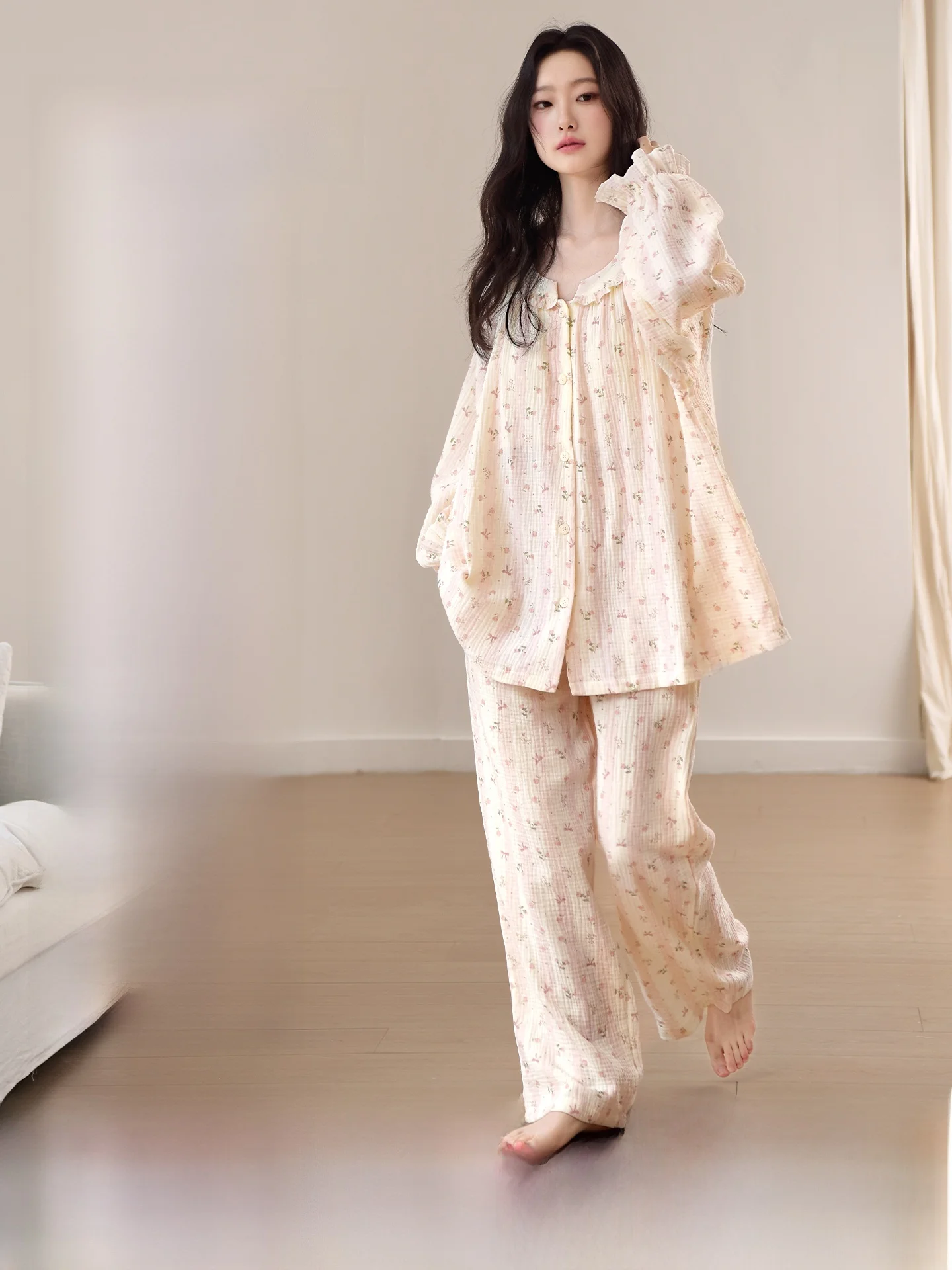 Pure Cotton Sleepwear Women's Long Sleeve Woven Double Layer Cotton Gauze Home Clothes Comfortable Soft Artistic Style Home C...
