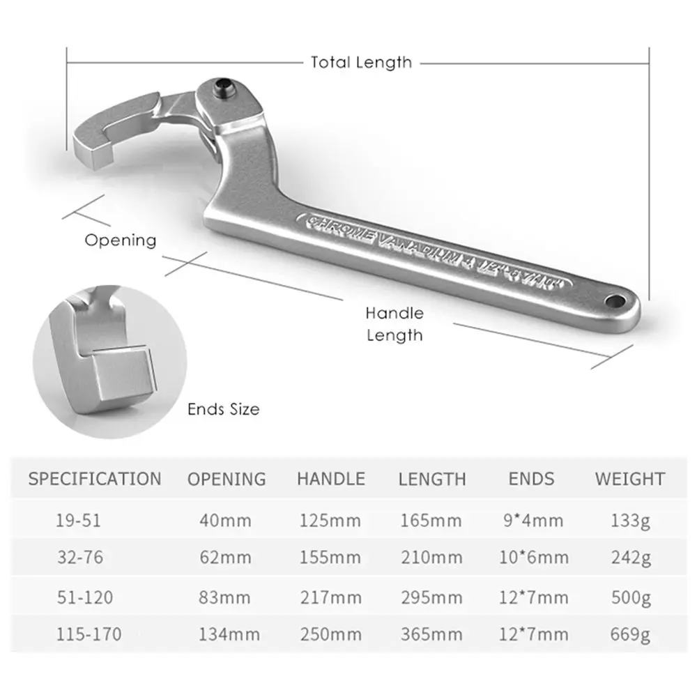 32mm~75mm Hand Tools Nut Key Large Opening Repair Set C Spanners Hook Wrenchs Water Meter Wrench Adjustable Spanner