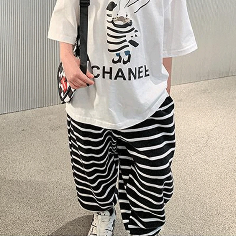 2023 Spring Summer Thin Fashion Casual Kids Clothing Korean Version Loose Striped Printed Cotton Boys Trend Spliced Pocket Pants