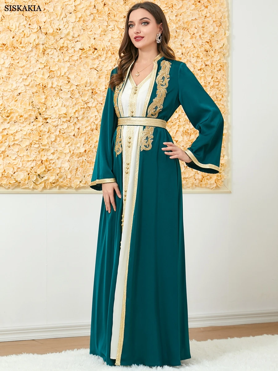 Muslim Fashion Two Piece Jilbab Robe Appliques Winter Abaya And Vest Long Dress Overgarments Islamic Women Moroccan Caftan