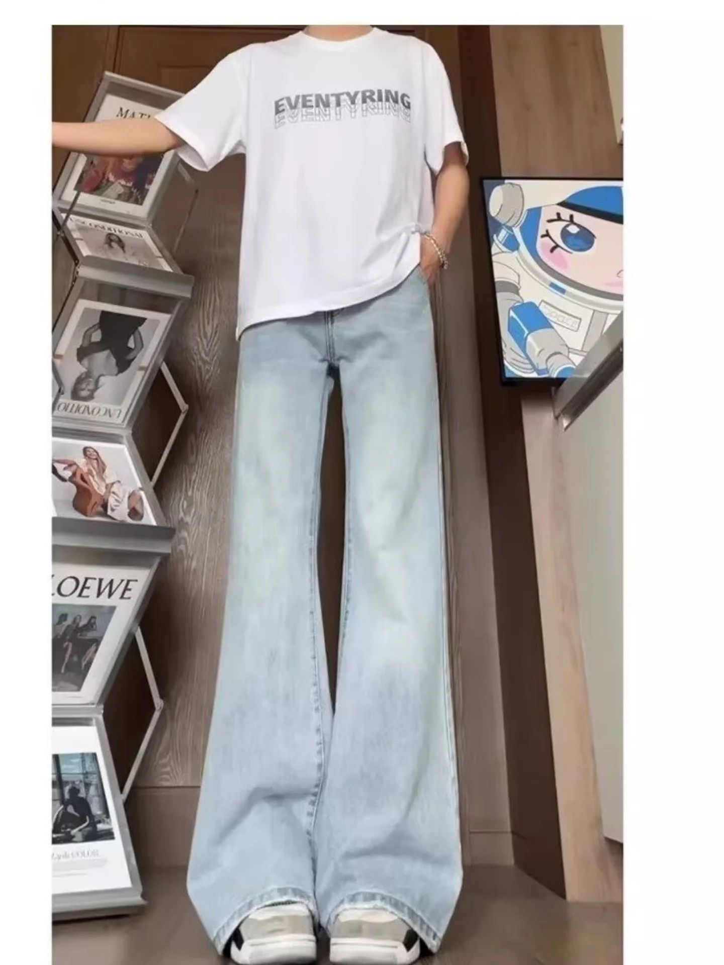 

Retro Flared Jeans Men Summer New Loose Straight Slimming Wide Leg Long Pants Casual mid Waist Zipper Pocket Denim Jeans