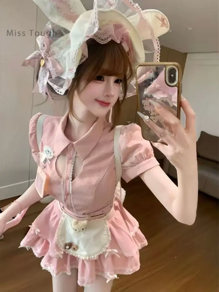 Summer Y2k Kawaii Pure Hot Puff Sleeve Lace 2 Pieces Set Women Bow Ruffle Crop Tops + Mini Skirt Suit Sweet Lolita Party Outfits