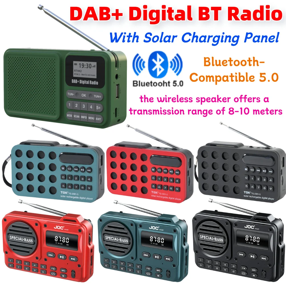 Portable DAB+ Digital Radio Solar Powered/Rechargable FM Radio LED Bluetooth-Compatible5.0 /U Disk TF Card MP3 Play Loudspeaker