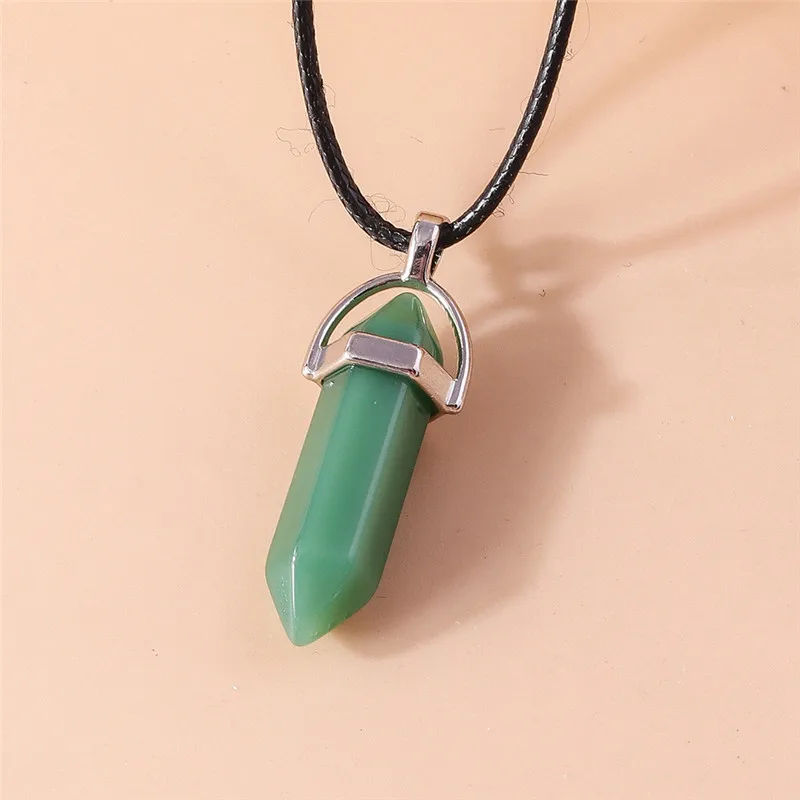 Natural Stone Quartz Lapis Opal Amethyst Pink Crystal Stone Hexagonal Column Pendant Necklaces Leather Chain Bullet Necklace