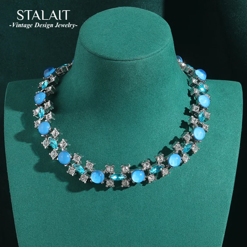 Vintage Sea Blue Opal Crystal Collar Choker Necklace Oval Silver Color Zircon Woman Accessories Luxury Jewelry Designers 2026