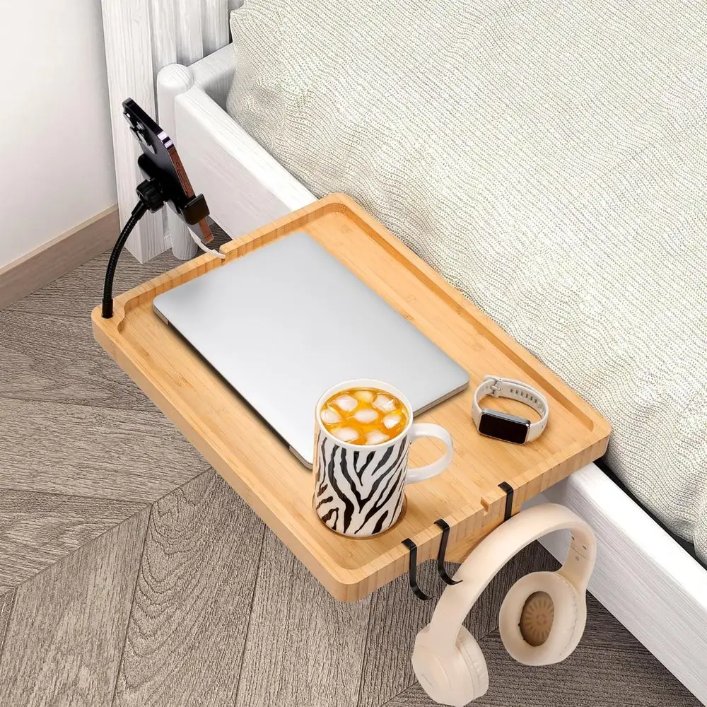 Bamboo Dorm Bed & Top Bunk Side Table with Cup Holder and Hooks, Storage Caddy for College Dorm Rooms bedside table