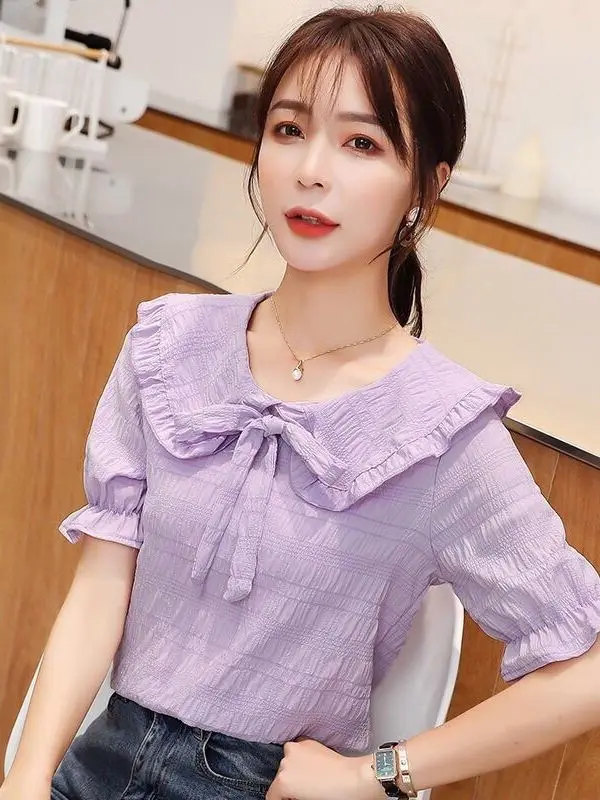 

Korean Style Sweet Knot Short Sleeve Women's Chiffon Shirt Summer New Super Fairyland Youthful Top High-End Unique ...
