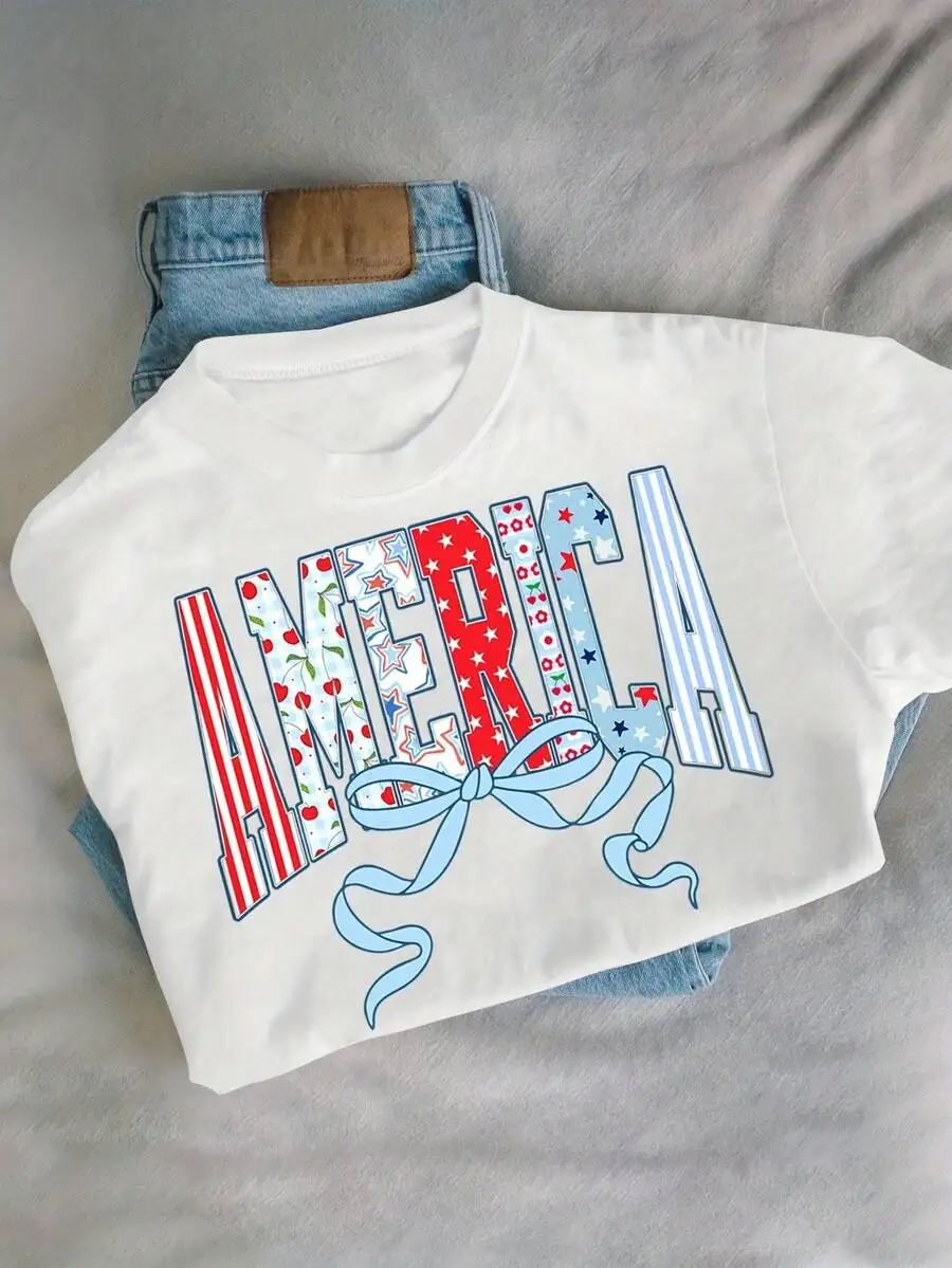

Womens Patriotic Fourth Of July T-Shirt Red White Blue Lettering American Flag Bows Stars Lightweight Crew Neck Short Sleeve