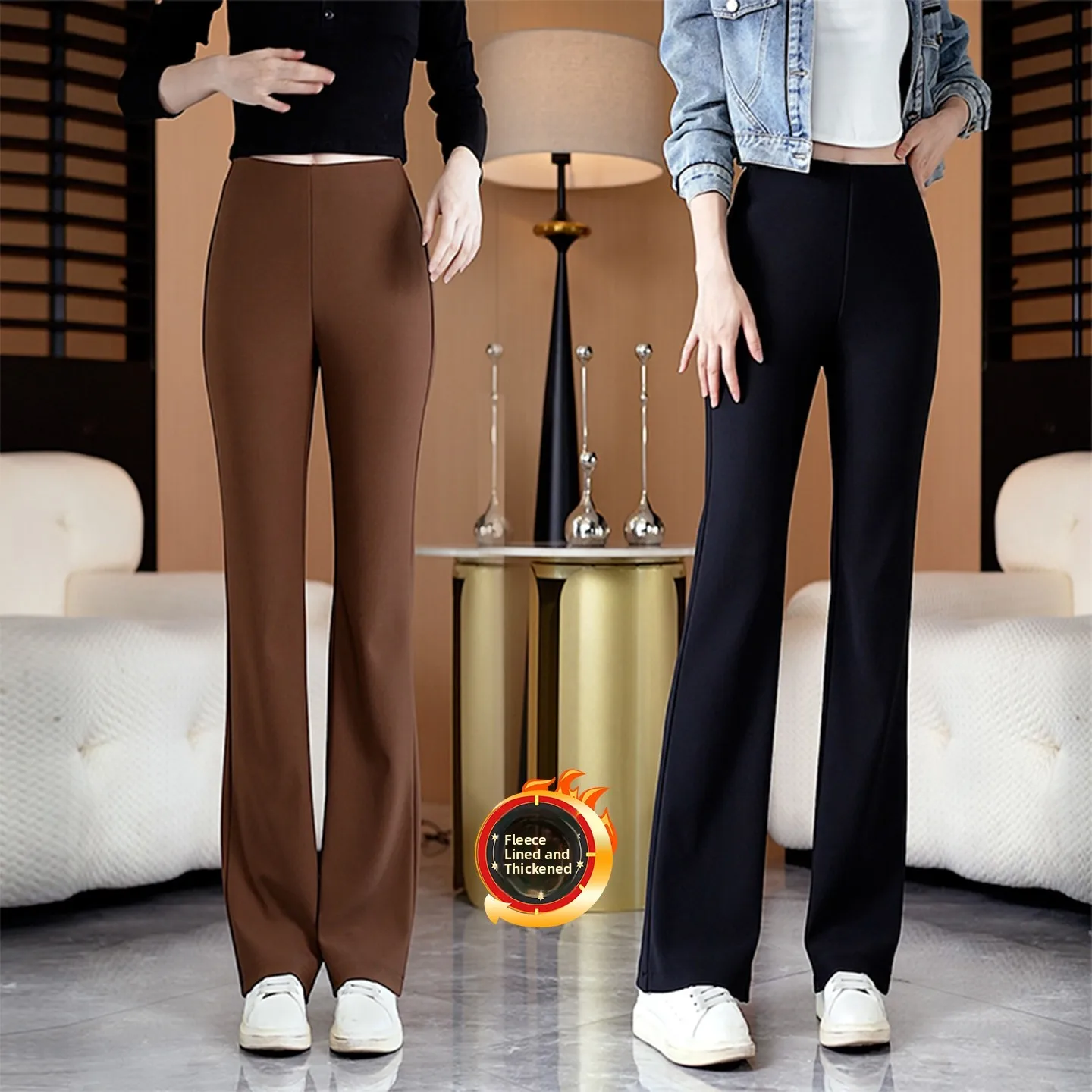 High Waist Thiened Warm arkskin Yoga Pants Fce Lined Bell Bot Casual Straight Leg Pants for Women