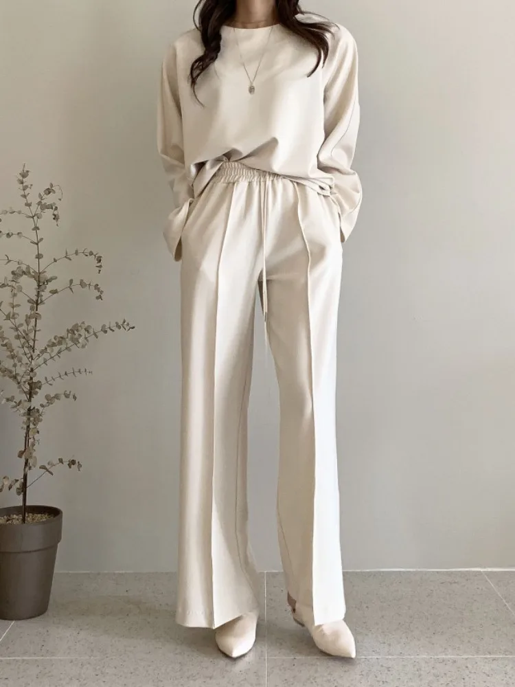 

Стильные осенне-зимние повседневные брюки для женщин: свободный крой, круглый вырез, длинный рукав, высокая талия, прямые штанины, широкие штанины, эффект стройности