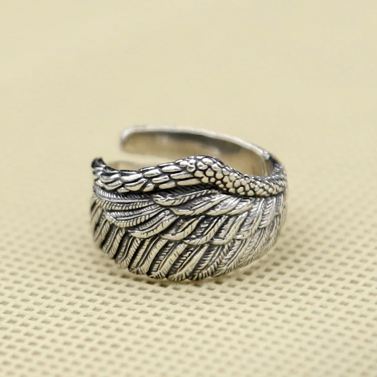 

S925 Sterling Silver Ring Creative Angel Wings Feather Ring Wide Edition Men's and Women's Korean Thai Silver Ring