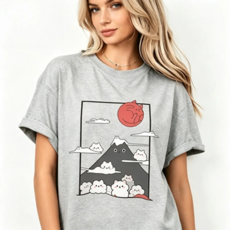Japanese Aesthetic Women  Tshirt Cartoon Cat Mount Art Print Funny Kitten Cloud Sun Minimal Trendy Casual Short Sleeve Tees