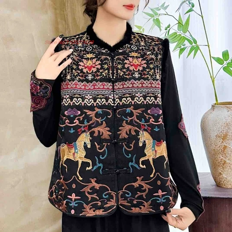 

2025 китайские винтажные топы ханьфу с хлопковой подкладкой, народный жилет с национальной цветочной вышивкой, куртка без рукавов, этнический народный утепленный жилет