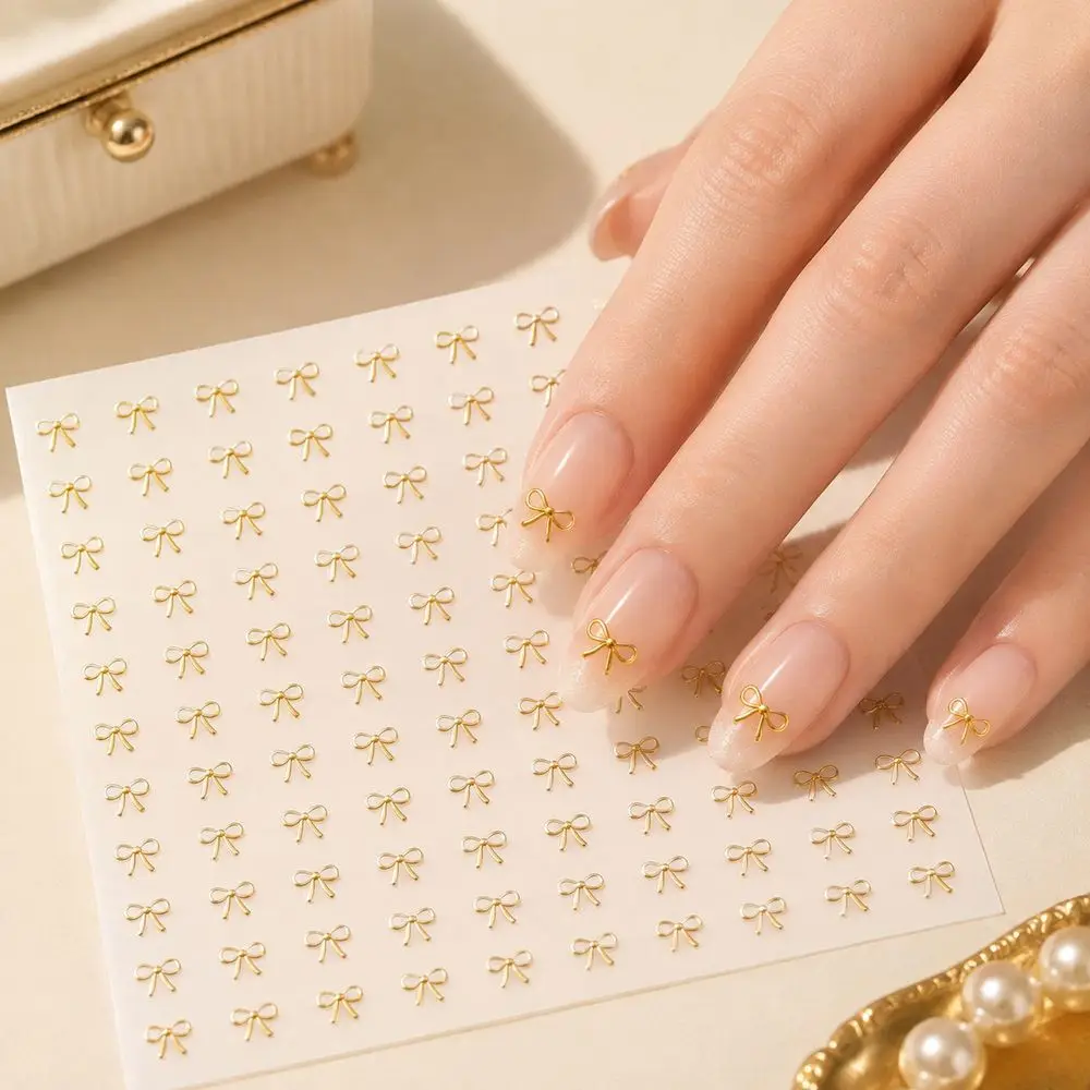 4 Sheets Multi‑Color Bow Nail Decals Self‑Adhesive Ribbon Bow Stickers Gold Silver Black Pattern For Home DIY Acrylic Nail Decor