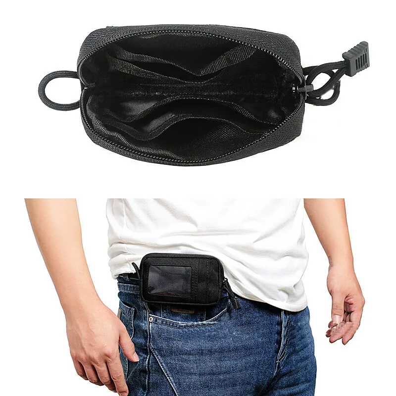Small Pocket Money Wallet Outdoor Travel Sports Mini Coins Keys ID Card Zipper Pouch with Black Hanging Buckle