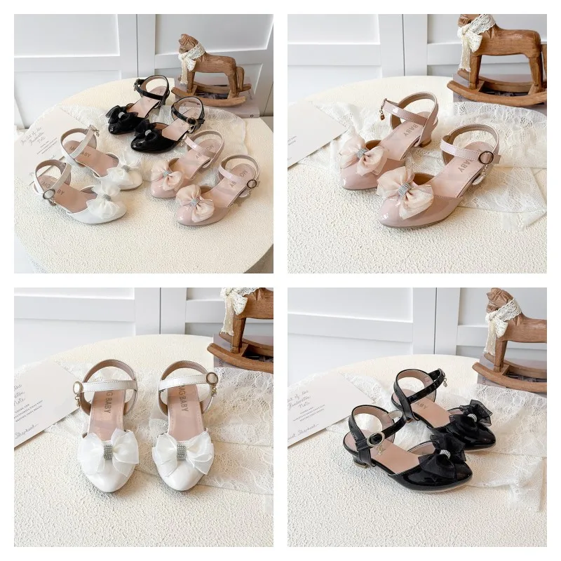 

Girls Sandals Fashion Bow Girls High Heels Pink Kid Non-slip Princess Performance Shoes 3-18 Years Old Children's Leather Shoes