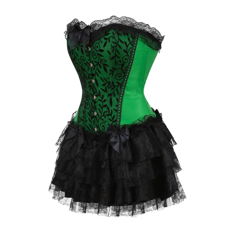 Corset Dress Bustier Overbust Skirts Top Set Women Gothic Victorian Lolita Costume Vintage Lingerie Lace Sexy Fashion Black