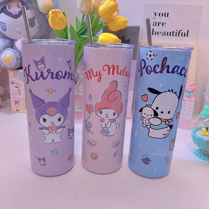 MINISO 600ML Sanrio Kawaii Hello Kitty Straw Thermos Cartoon Cinnamoroll Girl Drink Bottle Cute My Melody Travel Insulated Cup