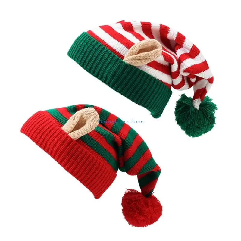 

652B Christmas Knit Cap With Ear Striped And Ball Decoration Holiday Knitted Hat