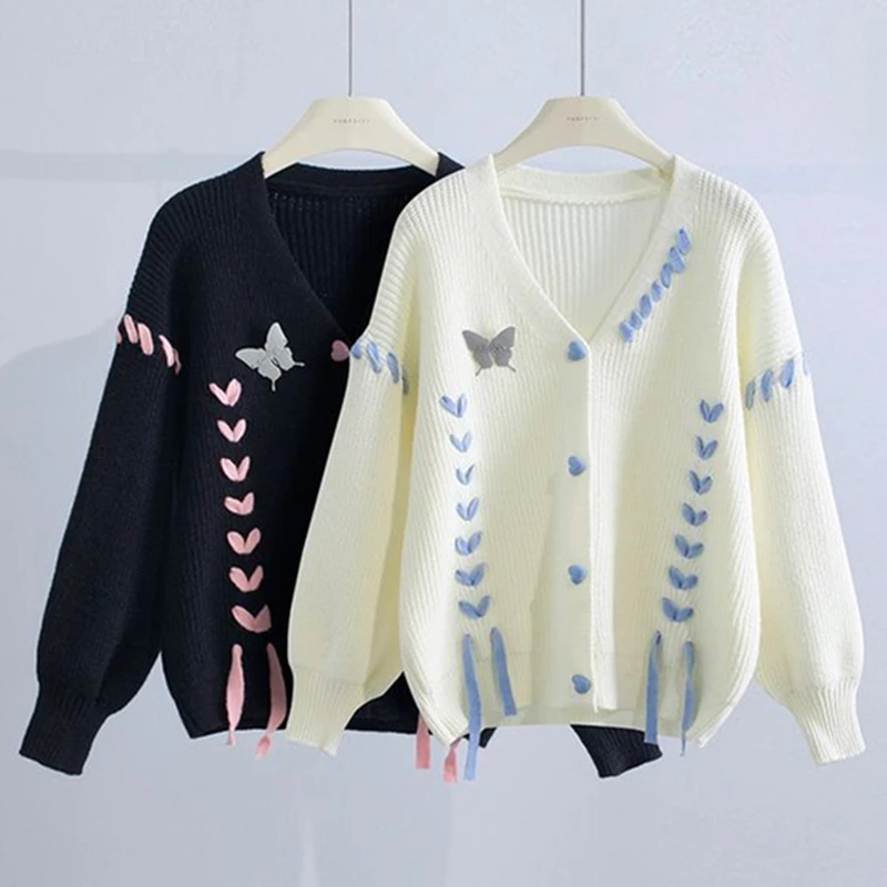 

Women's Autumn Winter Fashion Butterfly Lace Up Sweater Cardigan V-Neck Long Sleeve Loose Knit Coats Lady White Tops Knitwear