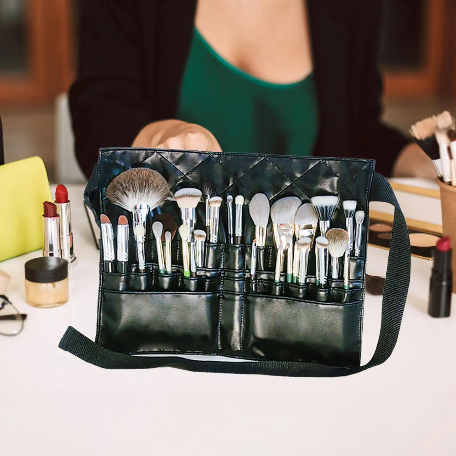 Makeup Brush Bag with Belt, Multi Pocket Brush Organizer with Adjustable Belt Strap for Fashion Stylist Women