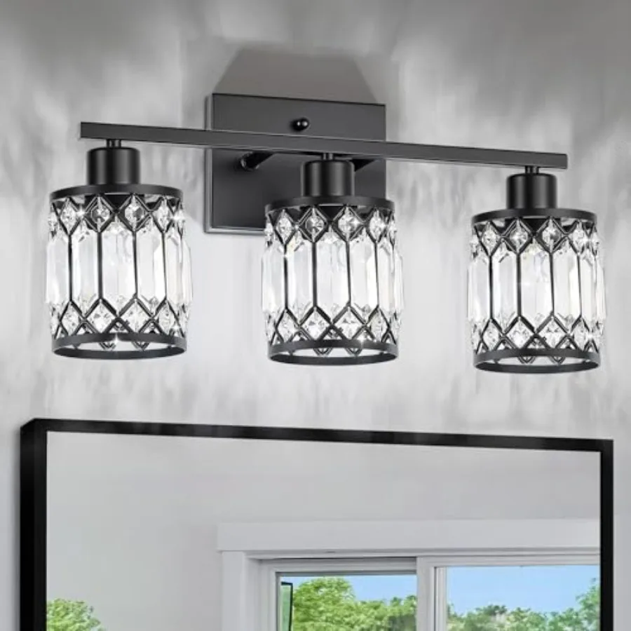 

Crystal Modern Bathroom Light Fixtures 3-Light Black Bathroom Vanity Wall Light Vanity Lights for Mirror Restroom Bedroom E26 S