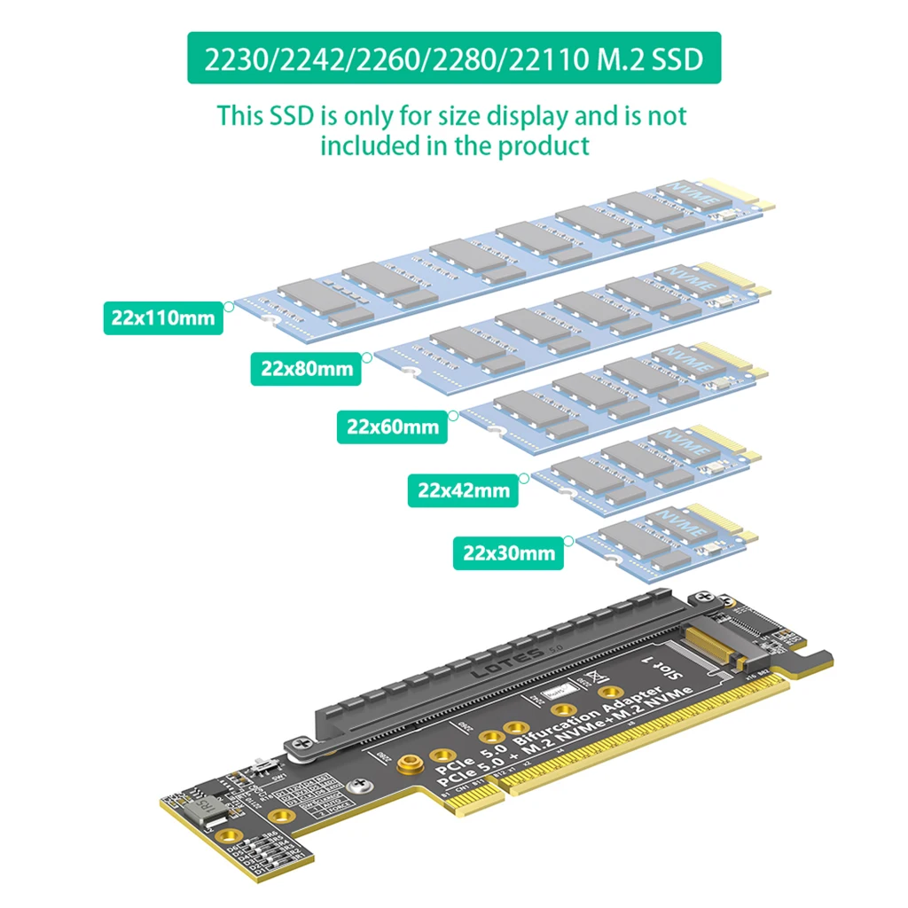 

Адаптер PCIe 5.0 X16 на два NVMe и другие PCIe x16/x8 для M.2 PCI-E (M-Key) NVMe SSD (требуется бифуркация PCIe)