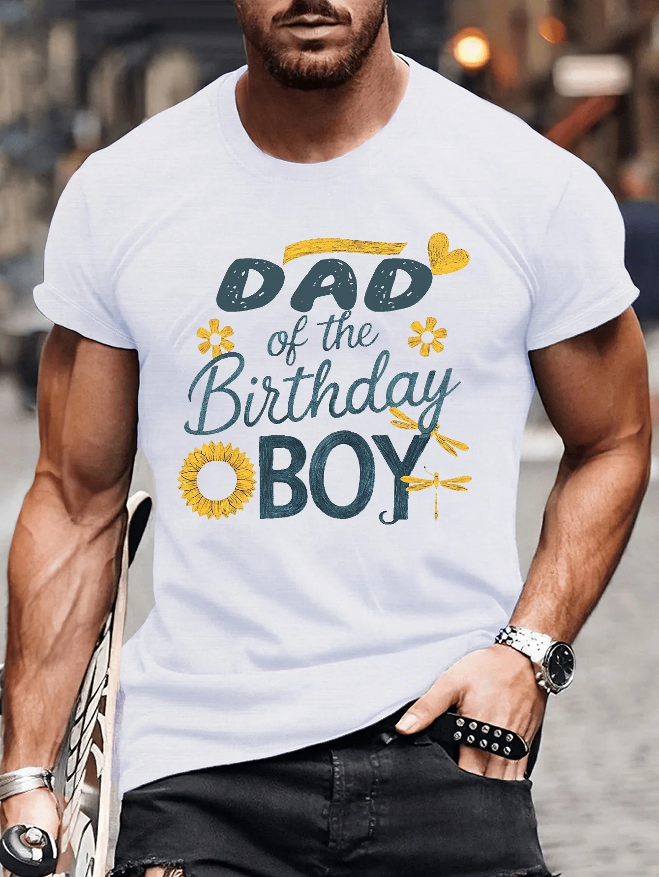 DAD OF THE BIRTHDAY BOY and Sunflowers Printed Men's Round Neck Short Sleeved T-shirt, Comfortable Versatile Top for Summer Daily & Sports Wear